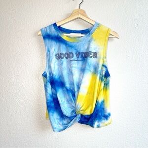 Burn Boot Camp Good Vibes Blue Yellow Tie Dye Twist Workout Tank Top Women’s XL